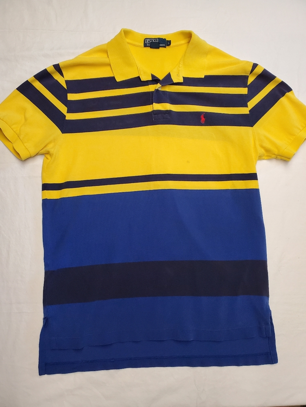Vintage Polo Ralph Lauren Yellow Blue Striped Polo Shirt Men’s Large Classic